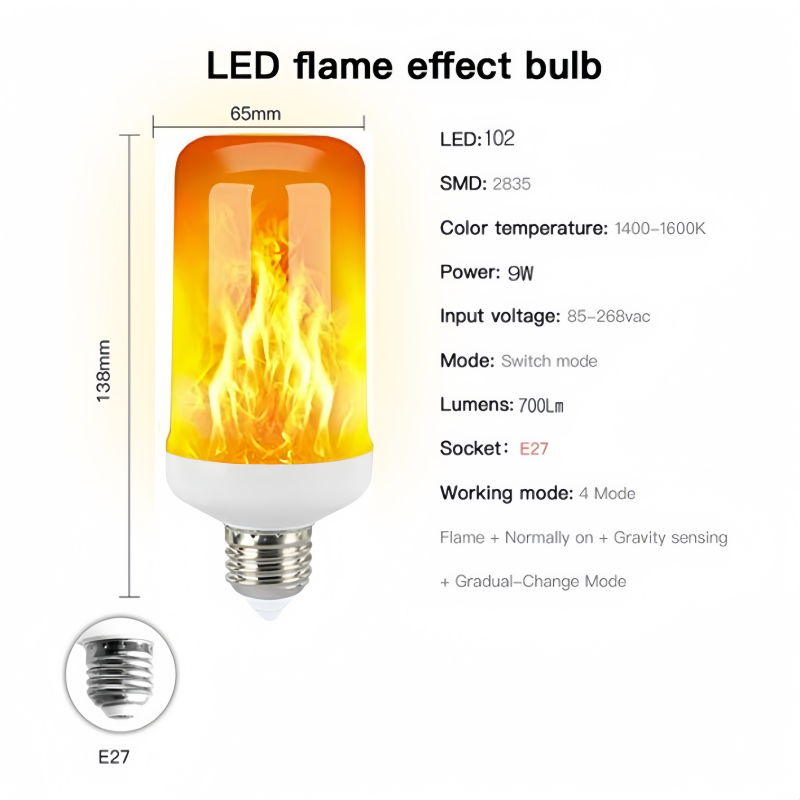 E27 LED flame bulb for outdoor garden decor, 7W warm light with aluminum and ABS, IP26 rated, 80-220V compatible