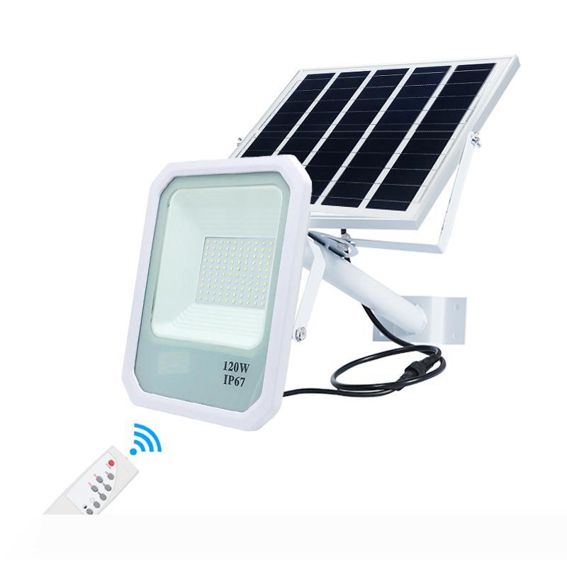 Edison2011 120W solar-powered waterproof outdoor floodlight with remote control and light sensor, comes in a gift package