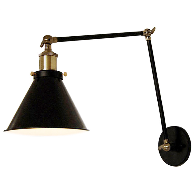 Edison-style American wall lamp with black iron rocker arm, vintage loft sconce for bedroom lighting, adjustable head