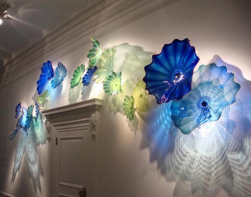 Elegant blue and green glass plate lamps for stylish home decor, handcrafted and affordably priced as unique wall art pieces