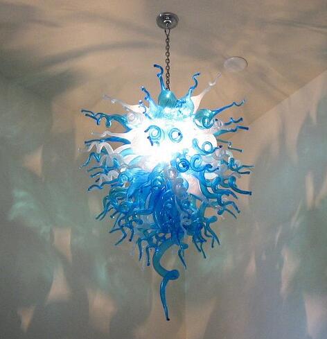 Elegant blue and white glass chandeliers with Edison bulbs, featuring a fabulous hand-blown design for home decor