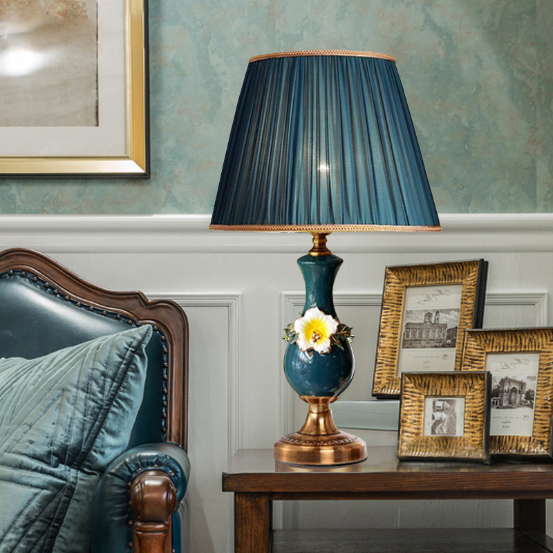 Elegant blue ceramic European-style table lamp perfect for living room and bedroom decor