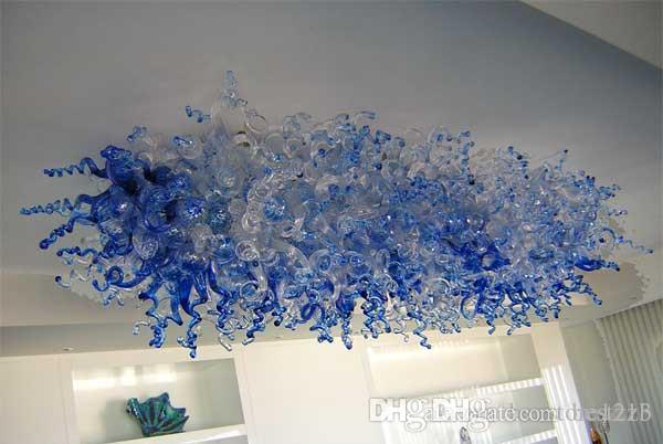Elegant blue glass ceiling LED chandelier for modern living and dining rooms with Art Deco style and included bulbs