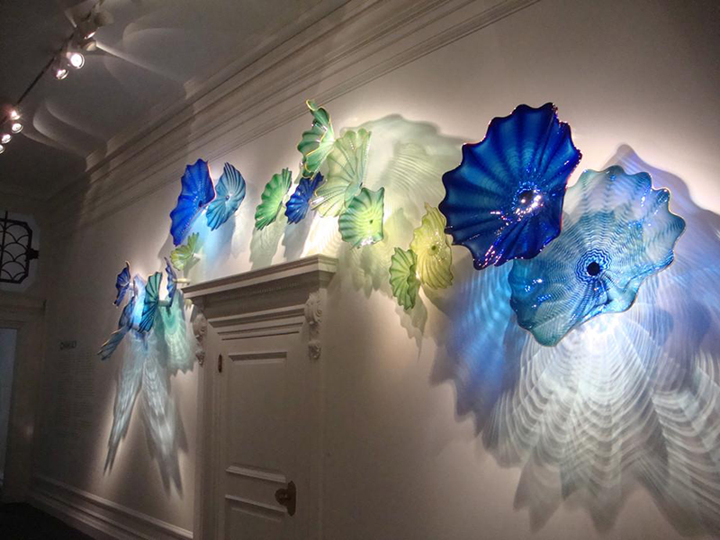 Elegant blue Murano glass plates, handcrafted wall lights for decorative floral gallery art