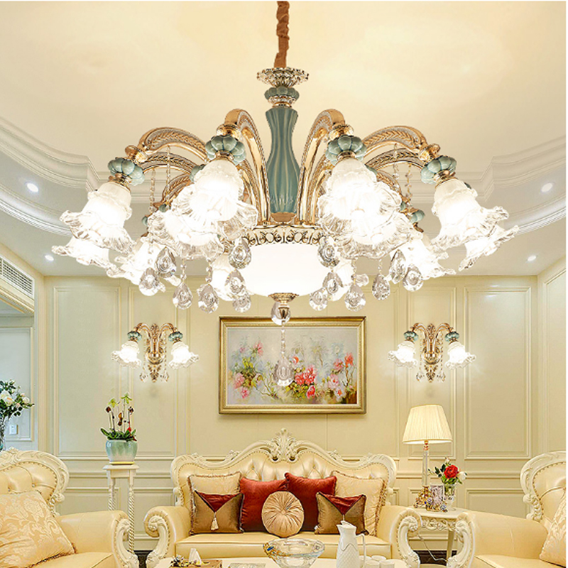 European ceramic chandelier with downward crystal lighting for modern minimalist dining rooms and bedrooms