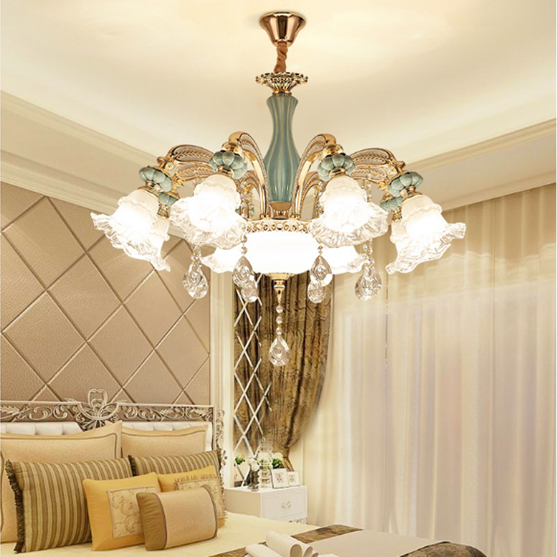 European Ceramic Chandeliers for Living Room with Crystal Lights, Elegant Zinc Alloy Pendant Lamps for Bedroom and Dining Areas