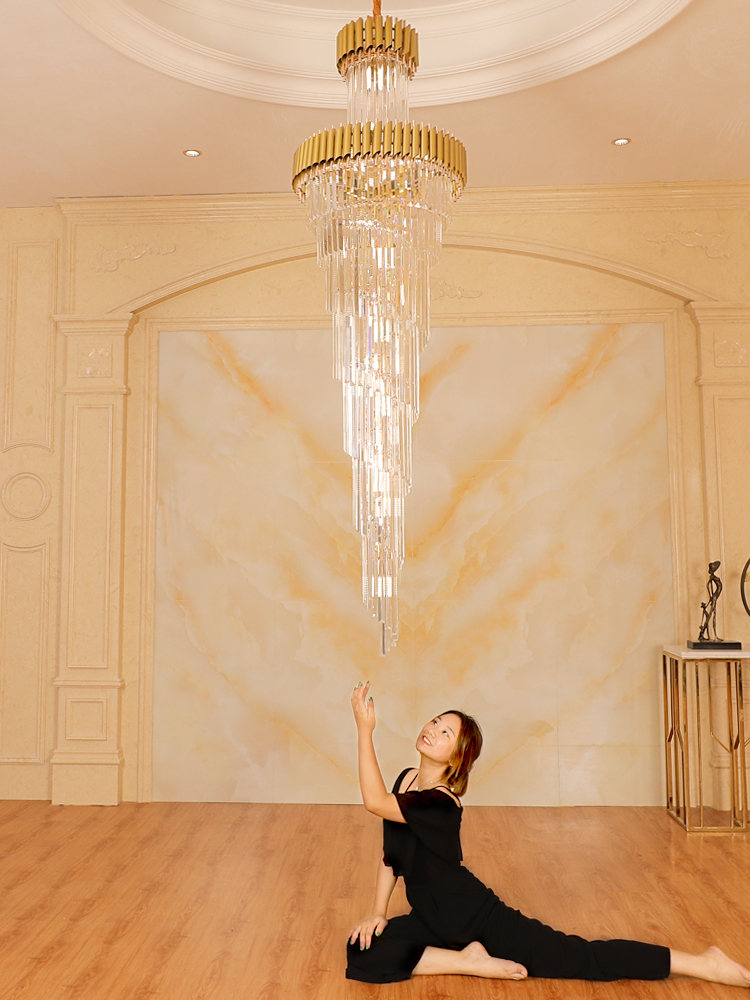 European Crystal Chandeliers in Black and Gold with Modern LED Lighting Fixture, American Long Stair Hanging Lamps with 40-100cm Diameter