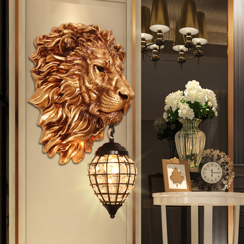 European Gold Wall Lamp with Lion Head Design for Living Room, Bedroom, Bathroom, Bar, and KTV Decoration