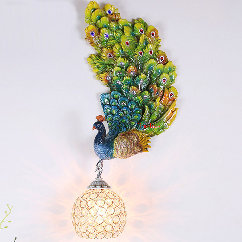 European luxury hotel bar's elegant wall lamp, ideal for idyllic bedrooms, bedside crystal lighting, or villa living rooms, featuring peacock-inspired designs