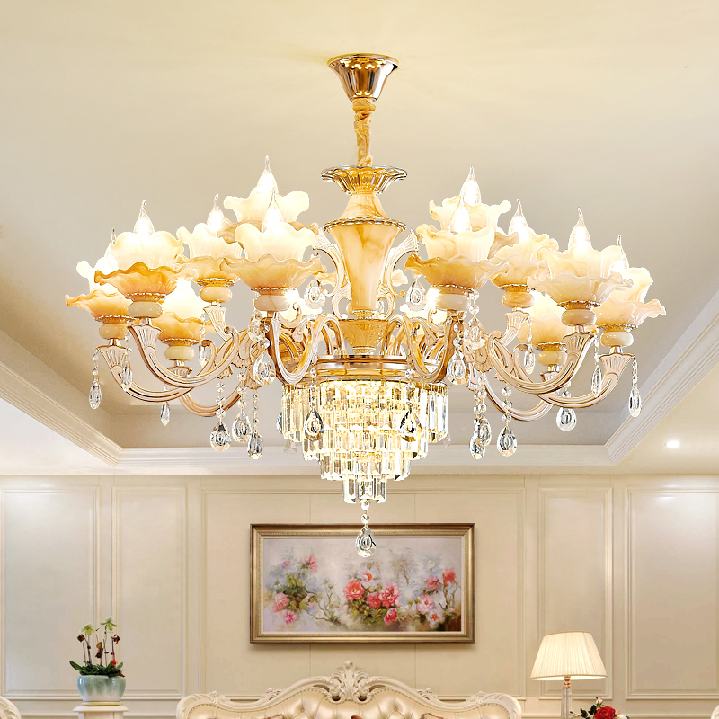 European luxury LED chandelier with jade crystals, modern design for indoor home lighting, 18 lamps, 100cm diameter, 3 color options