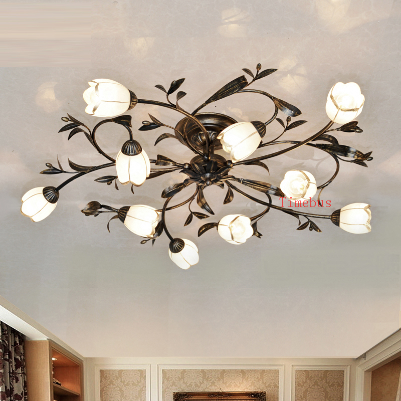 European pastoral glass ceiling lights for village bedrooms, traditional iron lanterns in modern hotel villas and living rooms