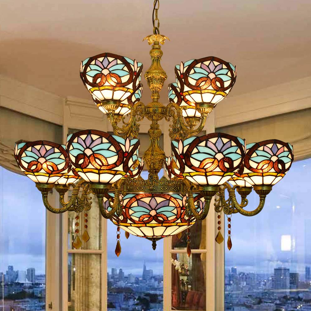 European retro Tiffany stained glass chandelier for living rooms and villas, featuring Baroque-inspired love design