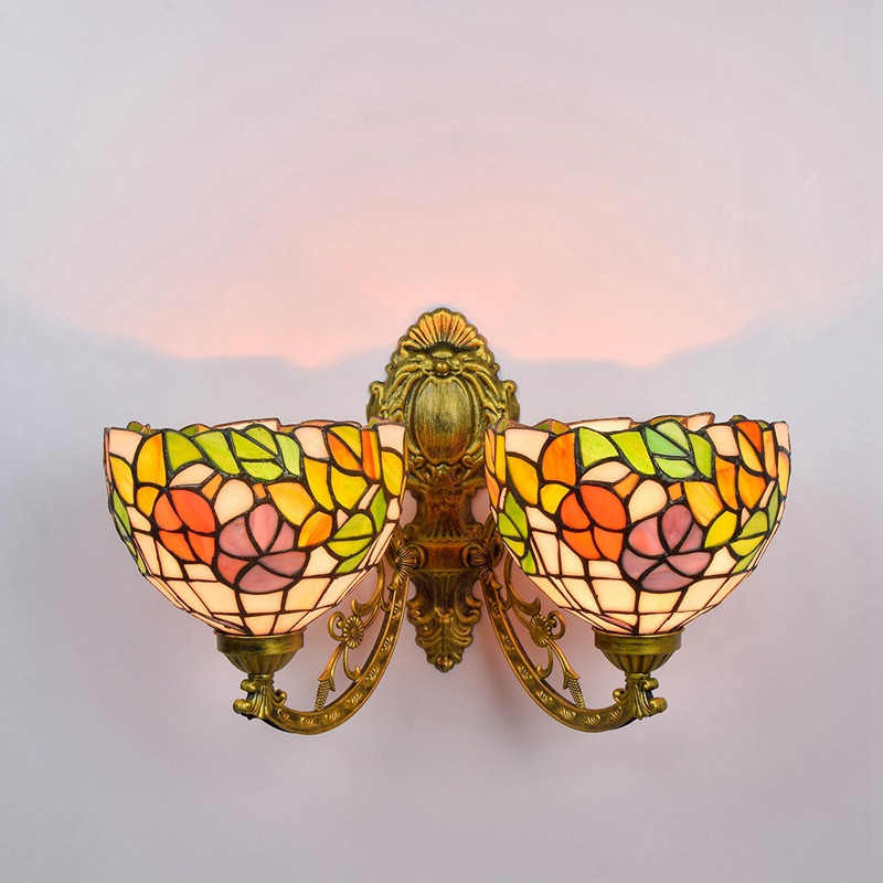 European retro-style double-headed wall lamps featuring Tiffany stained glass, designed for American pastoral living rooms, model TF039