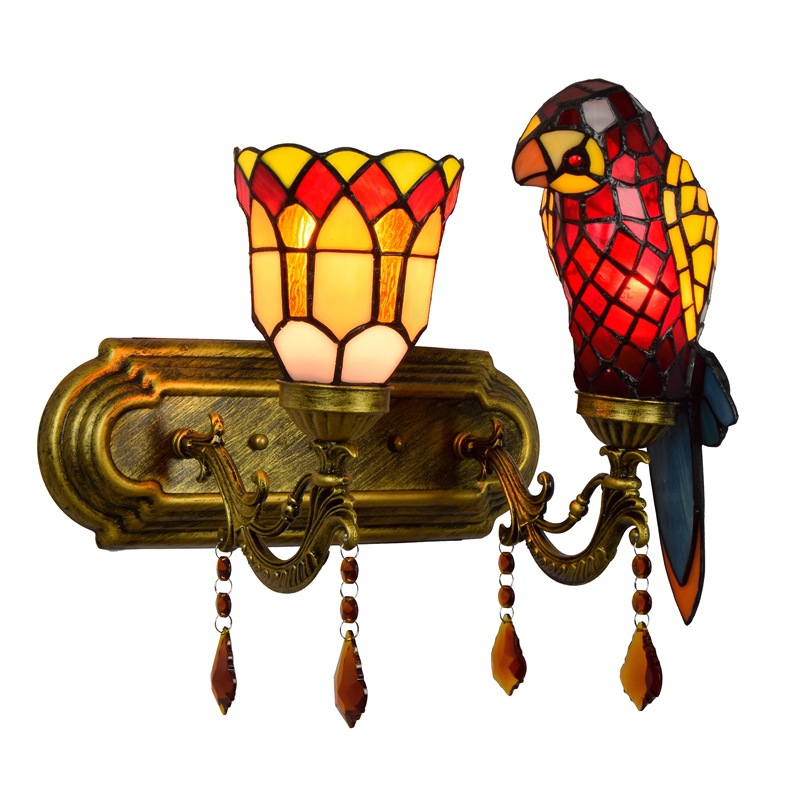 European Tiffany-style stained glass wall light featuring a parrot design, perfect for home or restaurant decoration