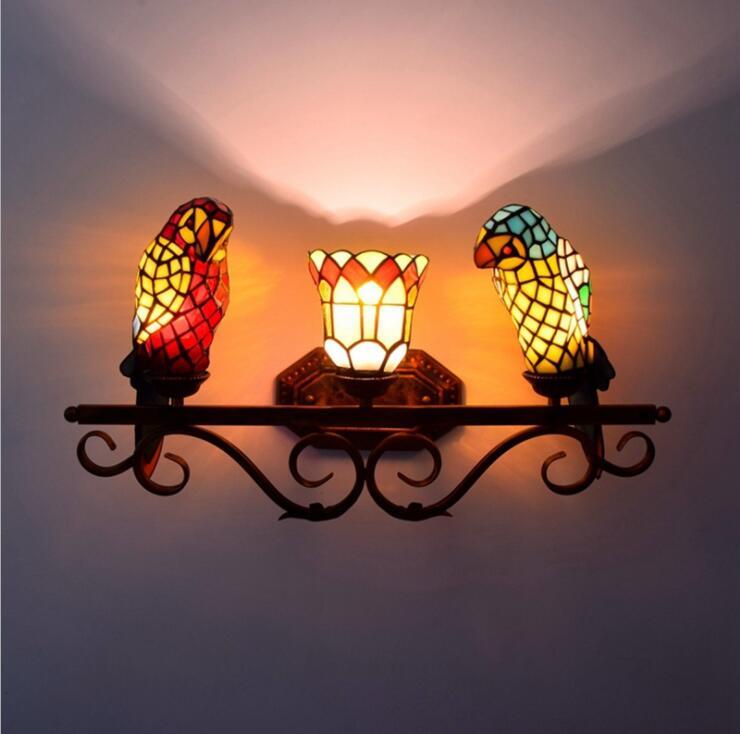 European vintage Parrot Tiffany wall lamp with stained glass for bathroom mirror headlight in American corridor bar restaurant three head wall