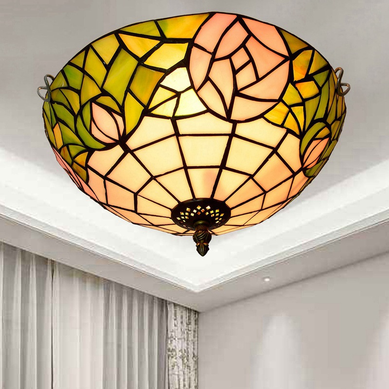 European vintage-inspired rose-patterned Tiffany stained glass hallway lamp for bedroom, living room or balcony ceiling lighting