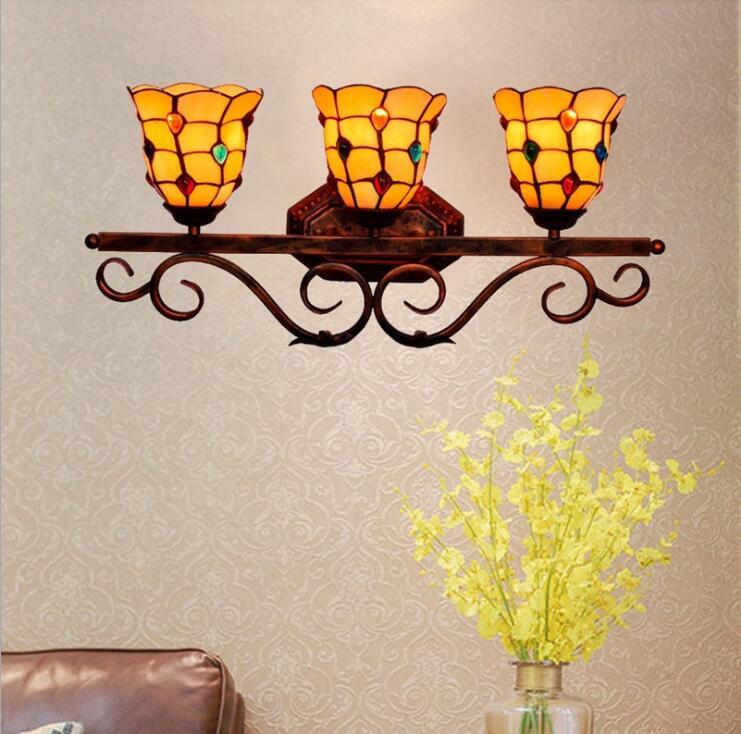 European vintage-inspired stained glass bathroom mirror with front lighting, American-style three-head wall lamp for hallways, bars, and restaurants