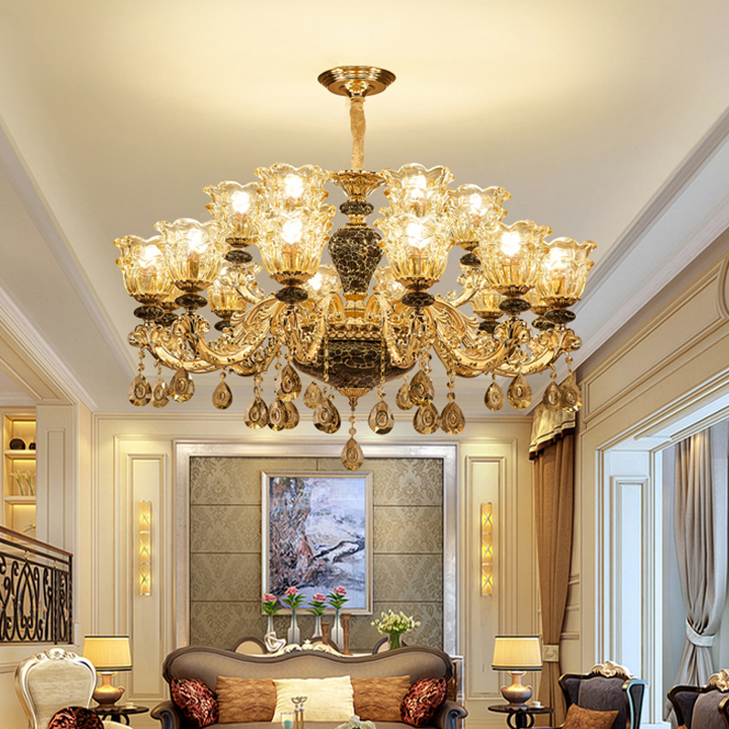 European Zinc Alloy Crystal Chandelier Lighting Luxury Villa Hotel Bedroom Pendant Lamps Living Room Ceramic Chandeliers Gold