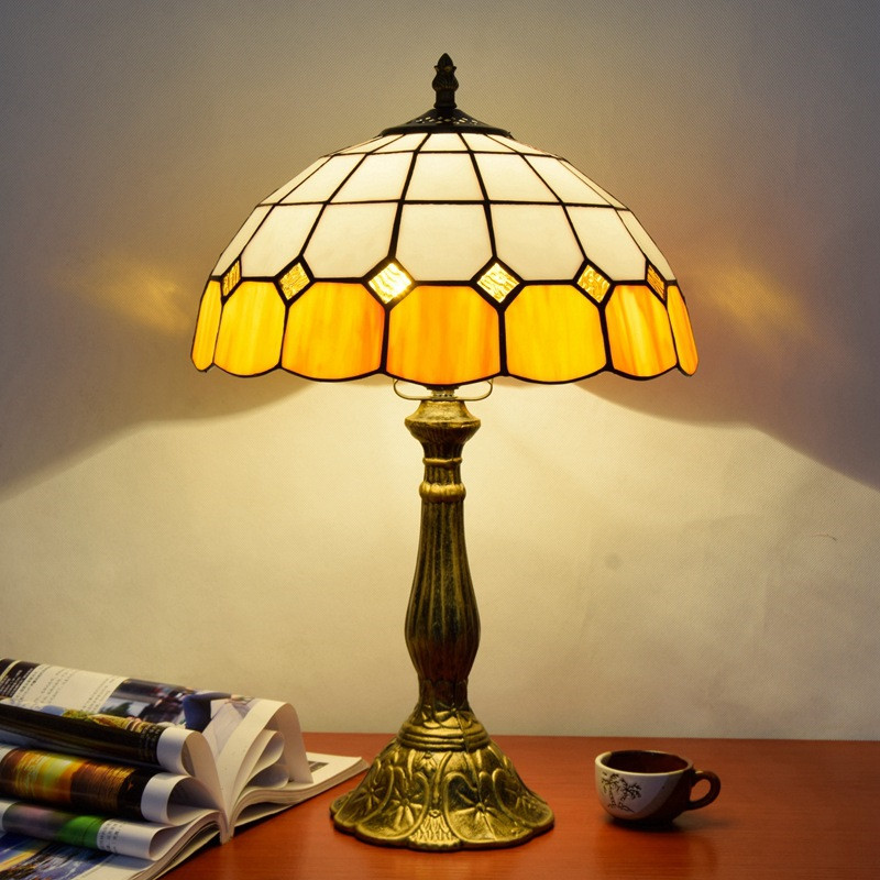 European-inspired Tiffany stained glass lamps with a Mediterranean orange hue, perfect for bedroom nightstands or restaurant bars, model TF035