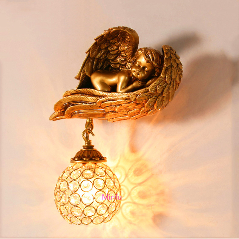 European-style classic angel wall lamps for kids' rooms, bathrooms, living spaces, hotels, and staircases featuring crystal accents and retro art lighting