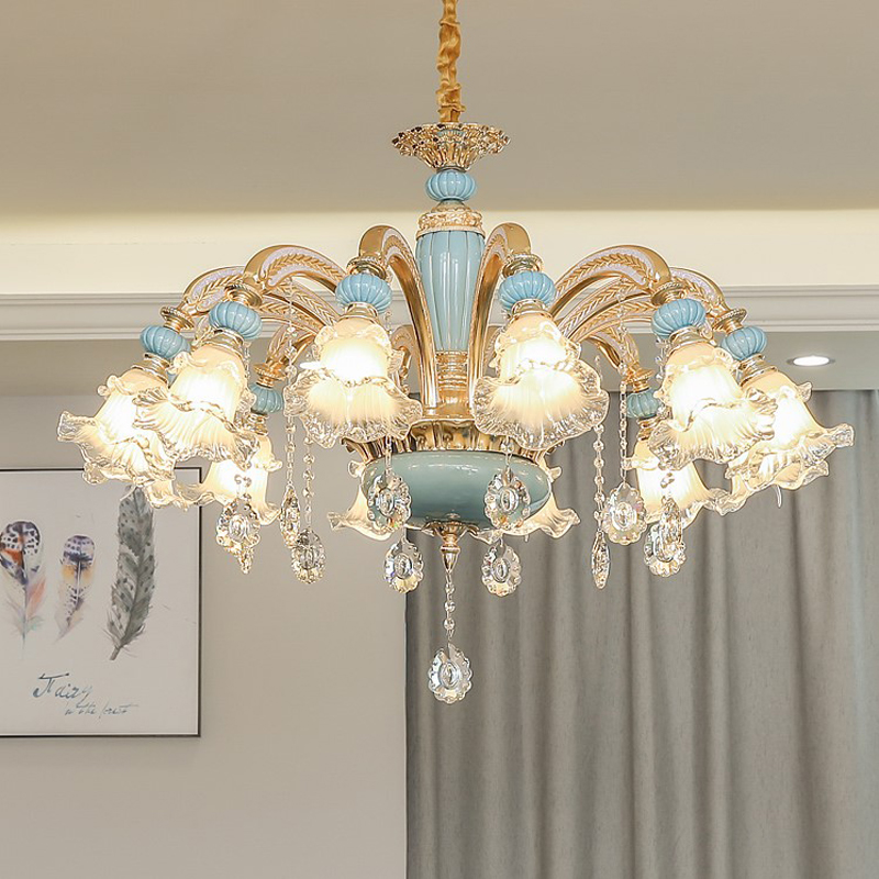 European-style crystal chandelier for elegant living rooms, luxurious gold lighting for bedrooms and restaurants with blue ceramic pendant lamps