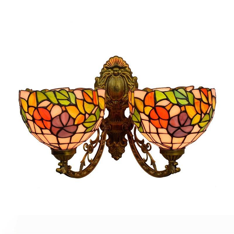 European-style double-headed wall lamp with warm stained glass floral designs for living and dining rooms