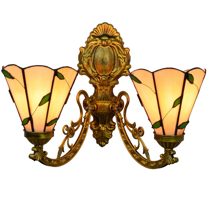 European-style dual-headed wall lamps featuring American creative designs, warm-toned painted leaves, and colored glass for cozy living room ambiance