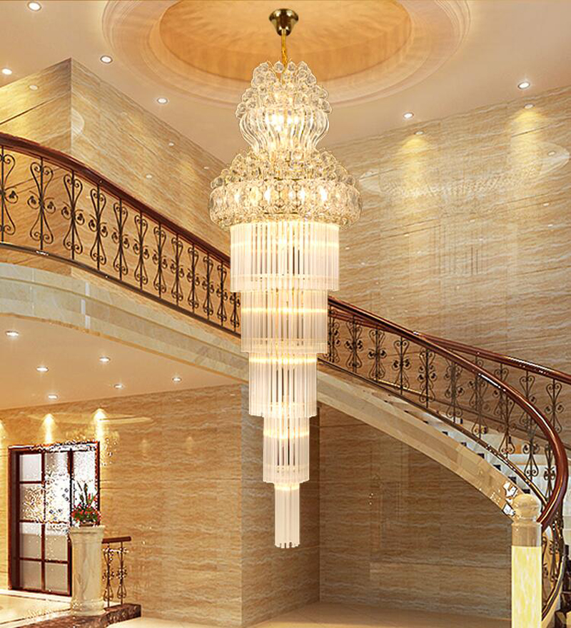 European-style duplex villa featuring luxury crystal chandeliers for hotel lobbies, living rooms, and grand spiral staircases with elegant pendant lighting