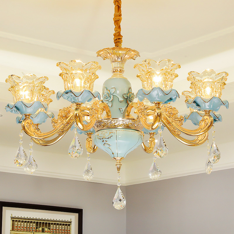 European-style gold crystal chandeliers for villa living rooms, modern ceramic pendant lamps for dining and bedroom spaces