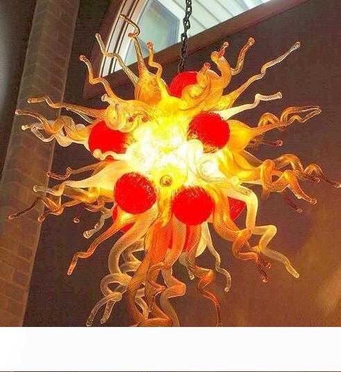 European-style handcrafted blown glass chandelier with modern LED lighting, ideal for high ceilings in villas, featuring artistic decorative hanging chains and crystal accents
