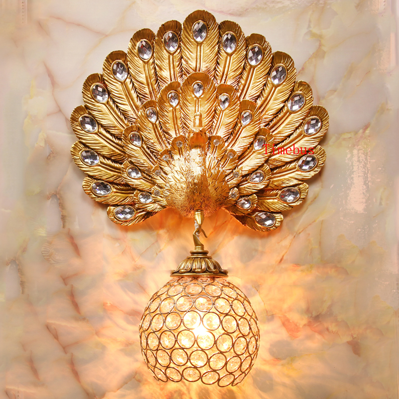 European-style living room wall lamp with crystal accents for bedroom nightstand, creative hallway and staircase lighting, vintage peacock design