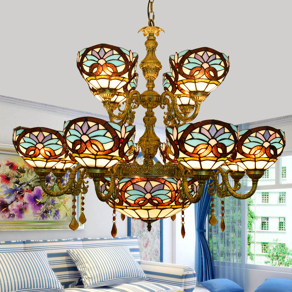 European-style Tiffany chandelier with stained glass shades, multi-arm pendant lighting for living spaces, bars, cafes, and restaurants