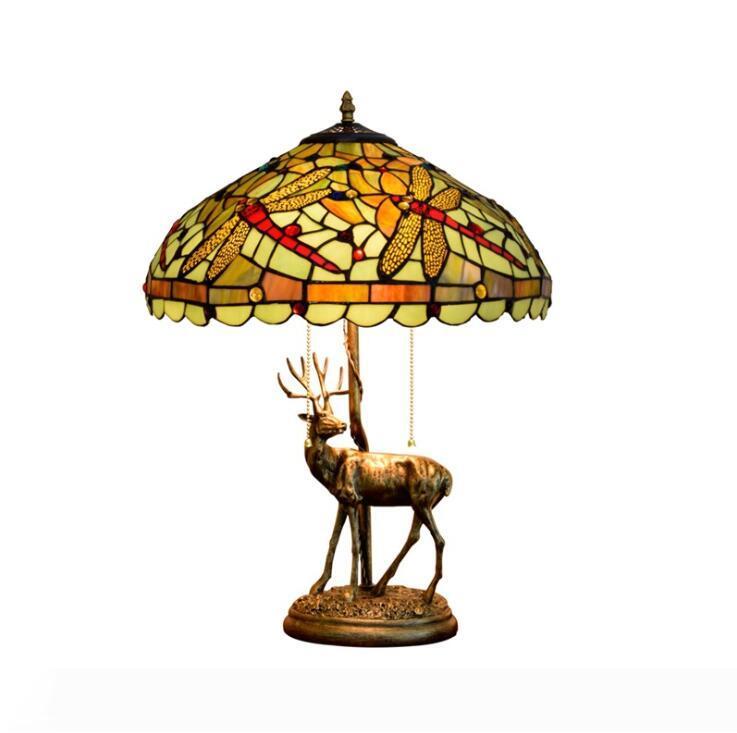 European-style Tiffany stained glass table lamps featuring elk motifs, dragonfly lampshades, ideal for living rooms, dining areas, bars, bedrooms, and bedside desks
