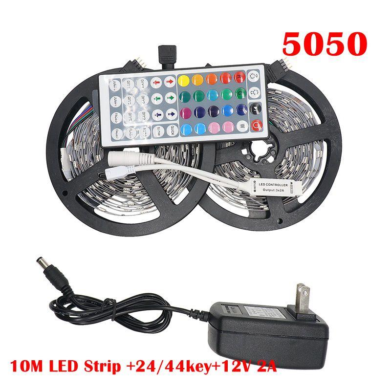 Eyoumy 5050 RGB LED strip light with IR controller and 12V adapter, available in 5M or 10M lengths