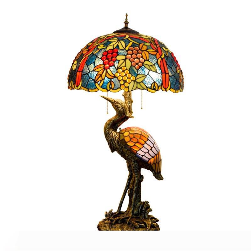 Factory Direct Tiffany-style American Country Table Lamp with Crane Bird Base for Study or Bedroom