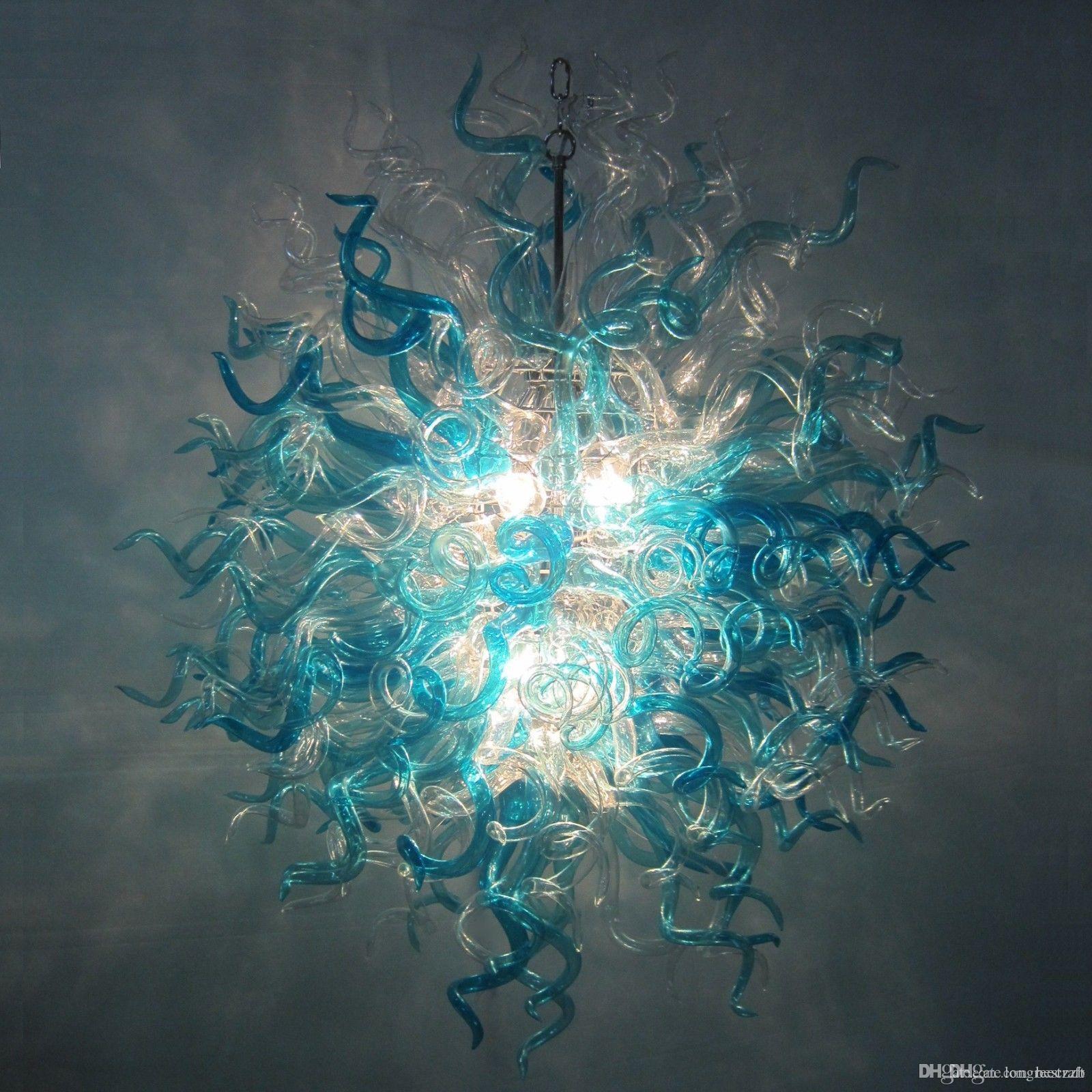 Fantasy Turquoise Aqua and Clear Hand-Blown Glass Chandelier for Living Rooms, Bars, and Dining Spaces