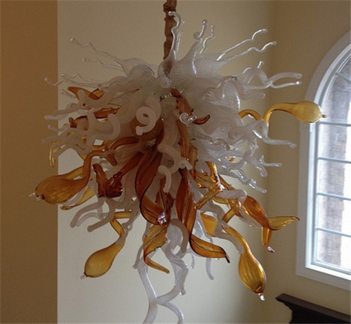 Fast, free shipping for a unique handmade brown and white glass hanging chandelier - a distinctive home lighting fixture