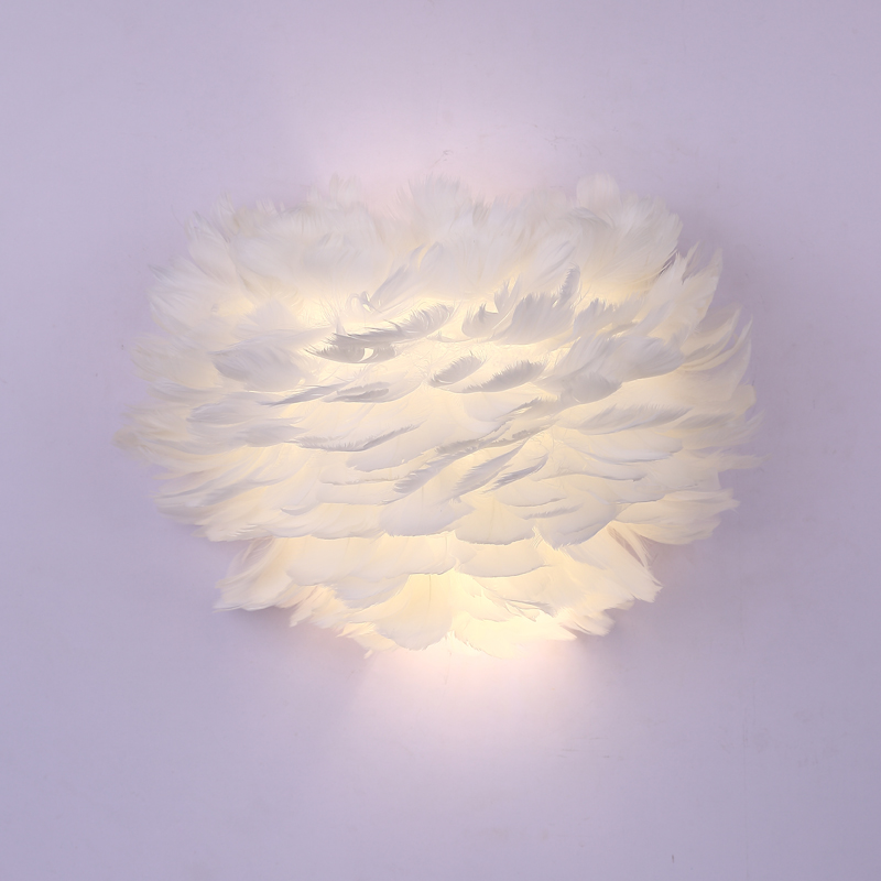 Feather wall lamp for bedroom, wedding room, or bedside with Nordic creative LED lighting, postmodern warm romantic art design