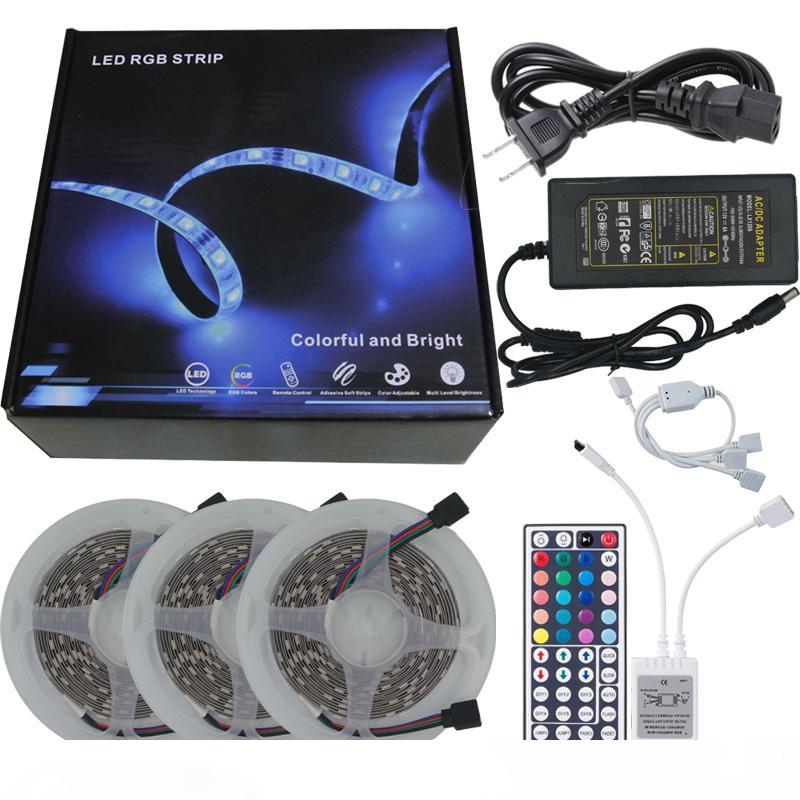 Flexible 5050 LED ribbon light strip with US plug and controller, available in 5M, 10M, and 15M lengths
