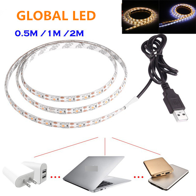 Flexible 5V USB-powered LED strip lights in SMD3528, available in 50cm, 1m, and 2m lengths for Christmas decor and TV backlighting with free shipping