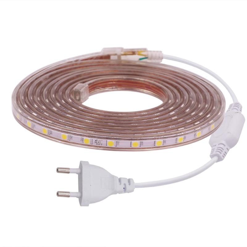 Flexible LED light strips with 60 LEDs per meter, waterproof for outdoor use, available in warm white, white, or blue, compatible with 220V/110V and EU/UK plugs