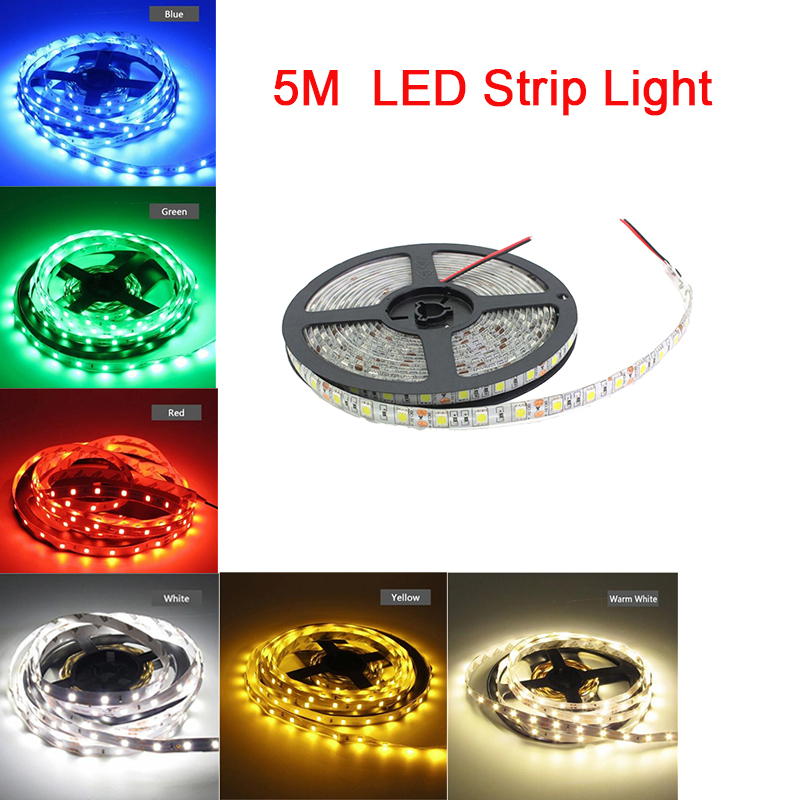 Flexible LED strip light kit with 300 SMD2835 or 5050 LEDs, 5 meters long, 12V DC, ideal for home decor, parties, and Christmas