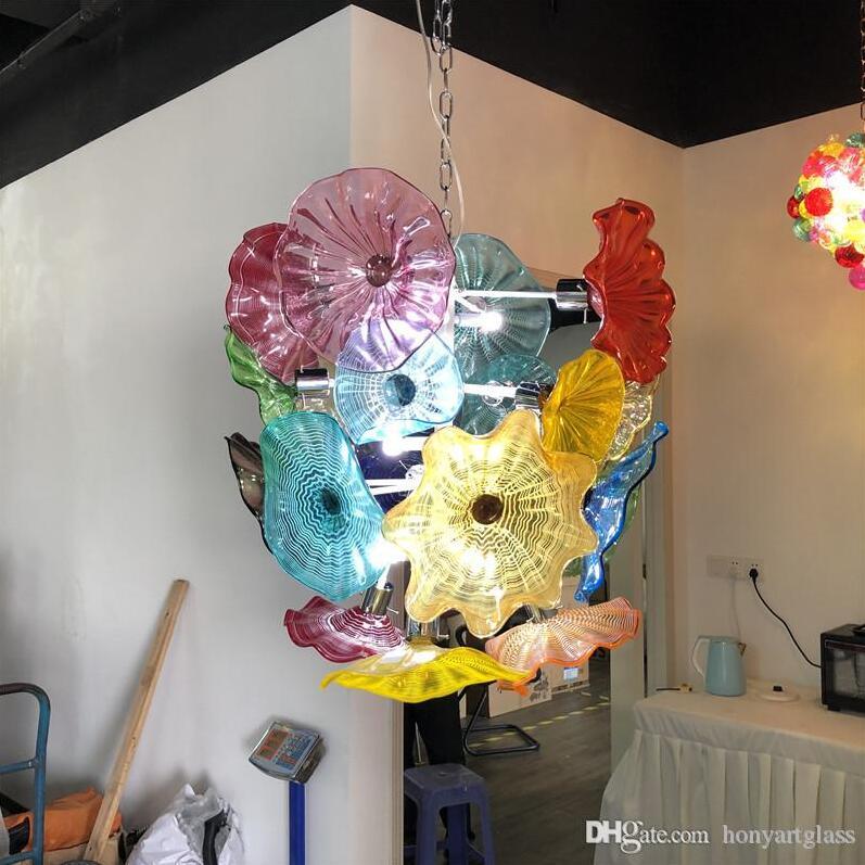 Flower chandelier light in European style with Murano glass plates and multi-color LED, a blown glass pendant lamp for living room