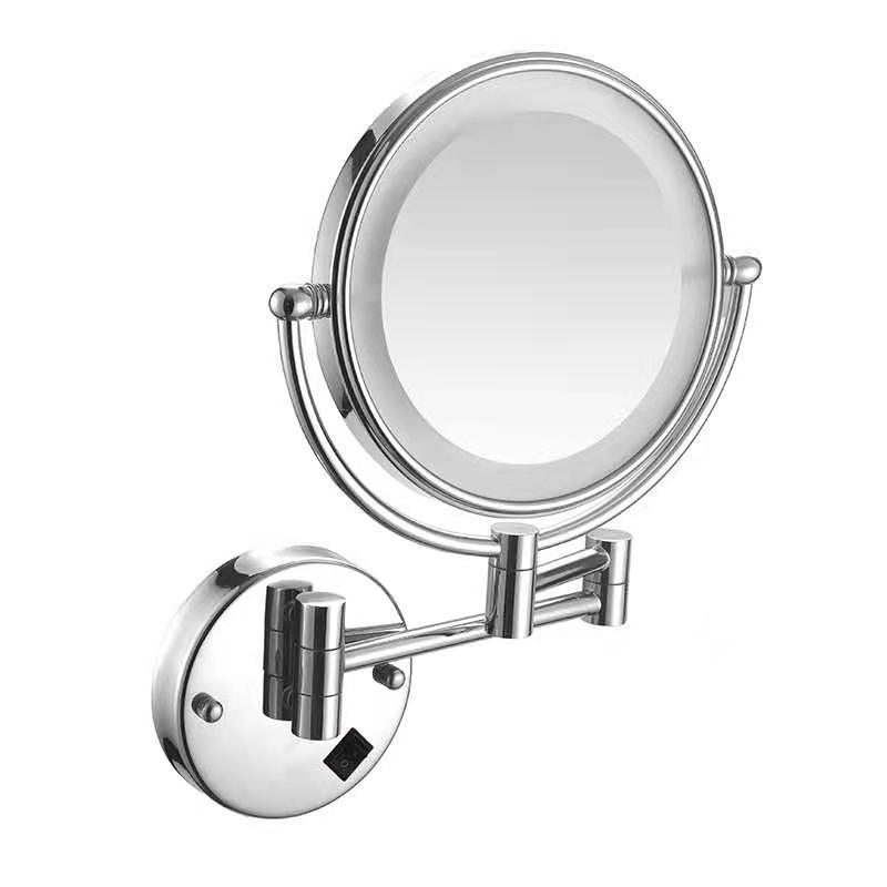 Foldable makeup mirror with 360° rotation and retractable LED lights for vanity use