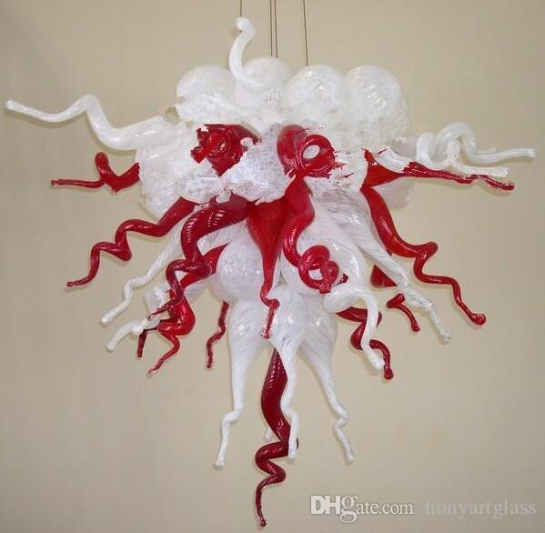 Free shipping for large blown glass LED chandeliers in red and white, perfect for bedroom decor