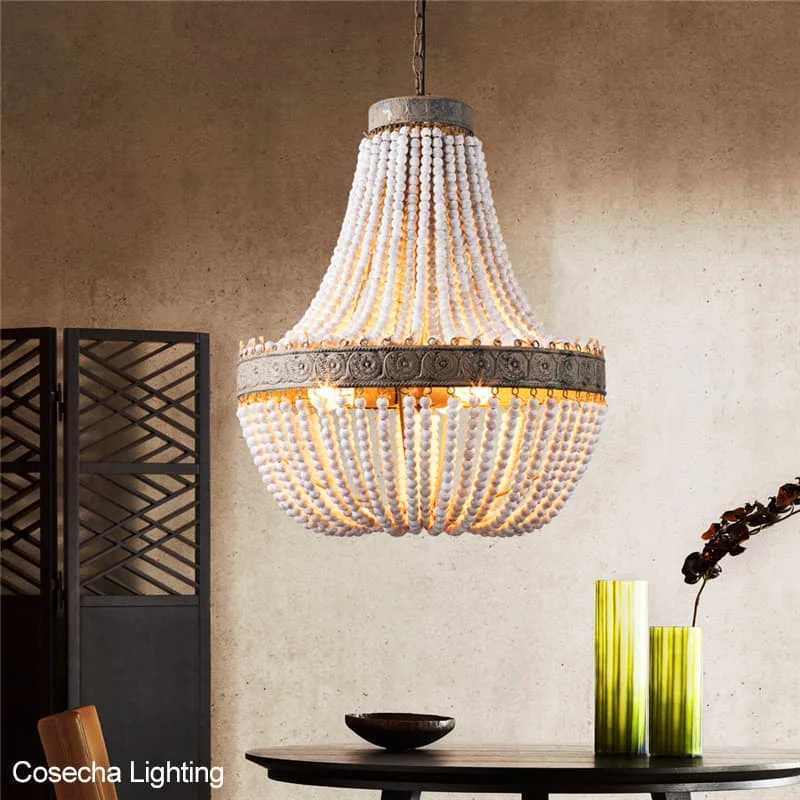 French antique white wood bead chandeliers in vintage gray, farmhouse-style lighting for bedrooms and dining rooms with a retro look  

(Note: Original string has more than 5 words, so rewritten. The rewritten version maintains the same meaning while being slightly more concise, keeping similar length and all key descriptors.)