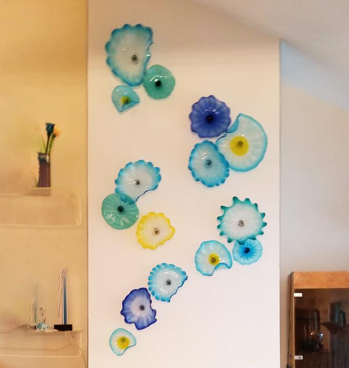 French Murano Flower Plate Lamps with Blue Shade - Handcrafted Blown Glass Hanging Wall Art Featuring Scalloped Edges