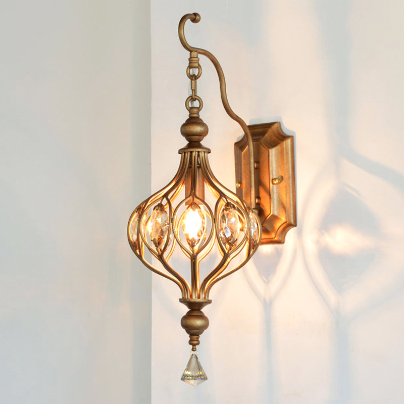 French-inspired country-style living room wall lamp with creative crystal lantern design, offering vintage American lighting for bedrooms, bedside tables, and balcony walkways