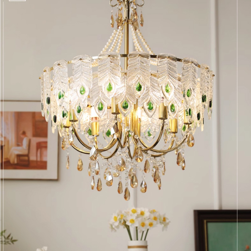 French-inspired green crystal pendant lamp featuring an elegant American classic chandelier design, perfect for European art deco dining rooms, bedrooms, restaurants, and living spaces