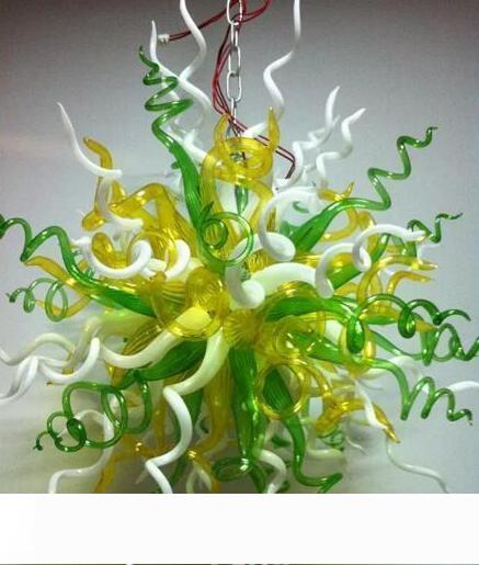 Frosted white green glass chandelier with hand-blown amber LED lighting, crafted with top quality artistry